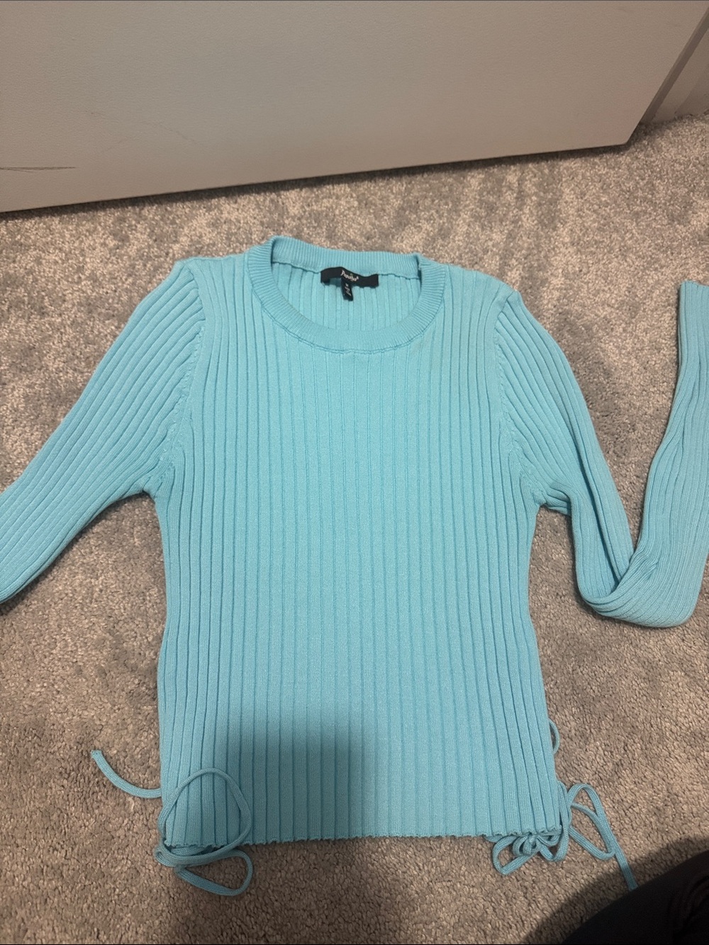 Long sleeve/crop top Ribbed Tie-Hem Crewneck Sweater - Light Blue